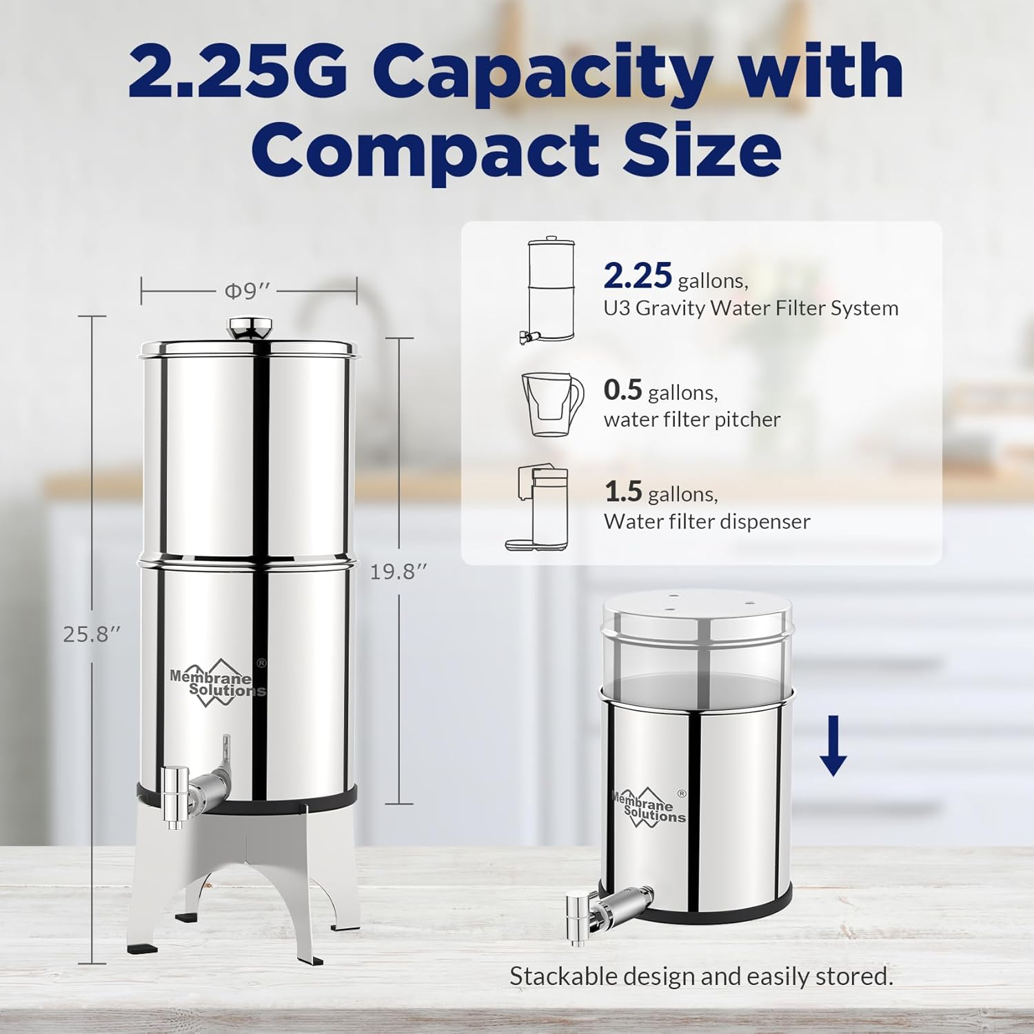 Membrane Solutions U3P UV 2.25-Gallons Stainless Steel Gravity Water Filter Fed Tank with 3 Black Filters