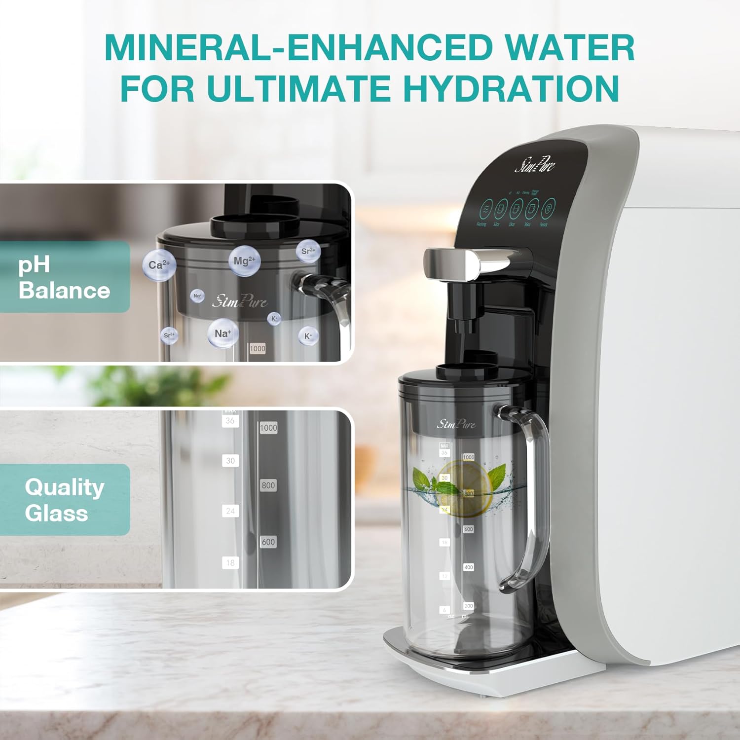 SimPure Y7T-BW-A Countertop RO System with Portable Glass Water Pitcher & Extra Alkaline Remineralization