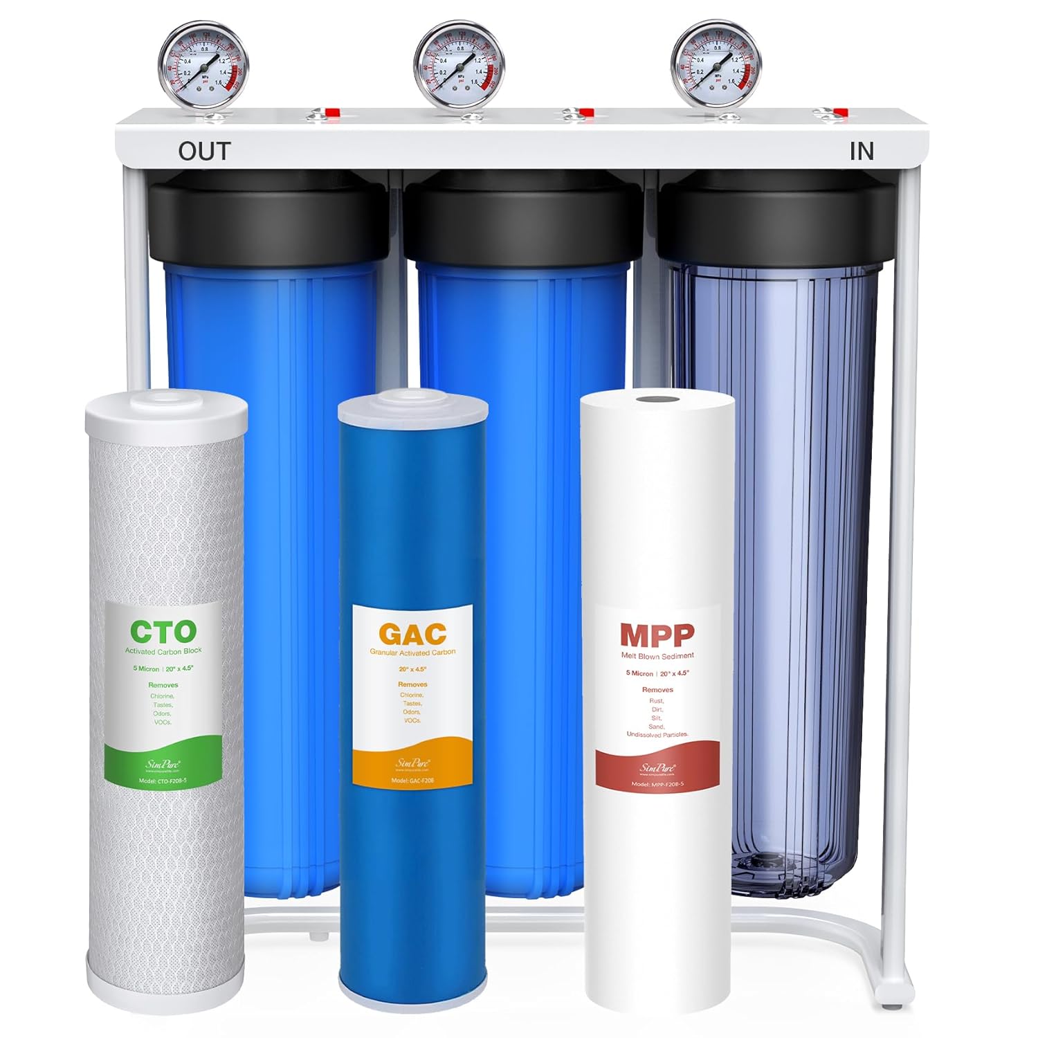 SimPure DB20P-3 3-Stage Whole House Water Filtration System with 5 Micron 20” x 4.5” Sediment & Carbon Water Filters for Well Water